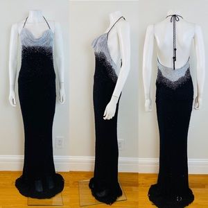 Vintage 90s bias maxi dress black + white beading silk halter neckline tassels